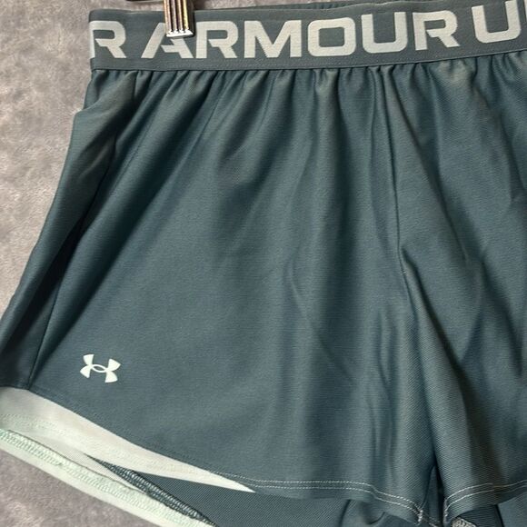Under Armour Green Blue Running Shorts Elastic Logo Waist Size Medium - Picture 3 of 6